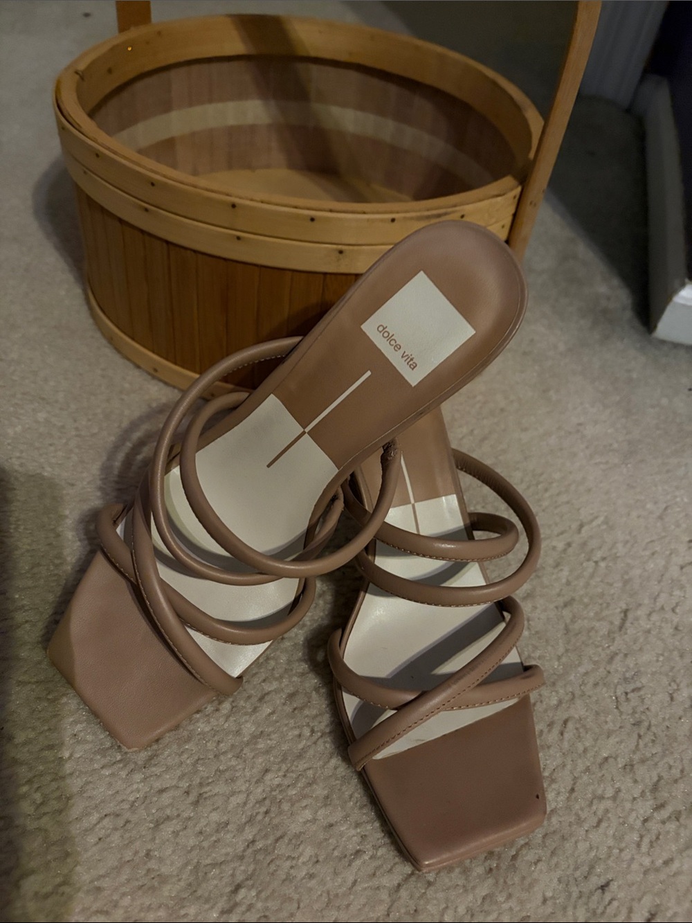 Dolce Vita Strappy Square-Toe Heeled Sandals in Taupe